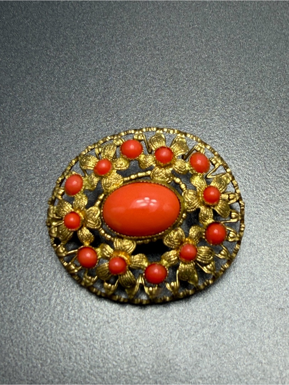 Vintage Czech Brooch with Orange Art Glass #cz79